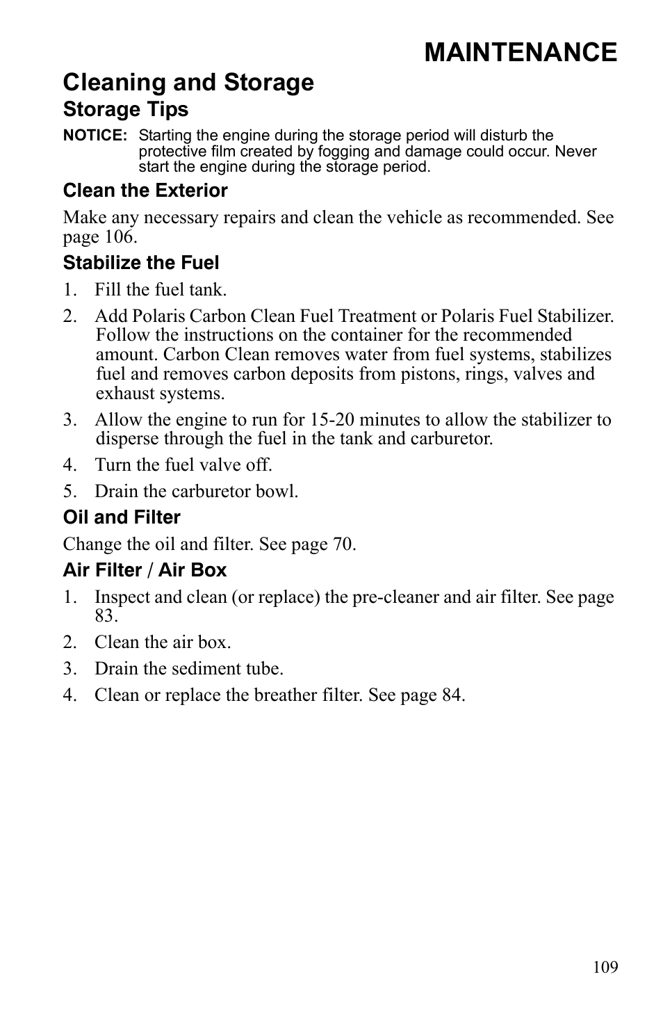 Maintenance, Cleaning and storage | Polaris Sportsman 9922247 User Manual | Page 113 / 137