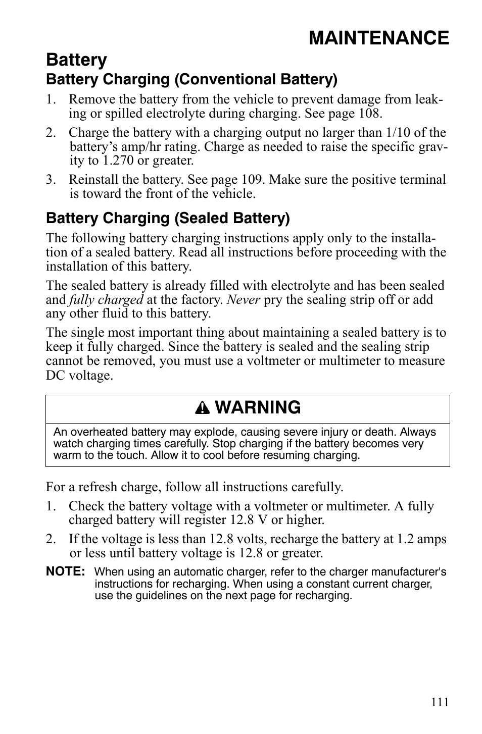 Maintenance, Battery, Warning | Polaris Sportsman 9920629 User Manual | Page 114 / 143