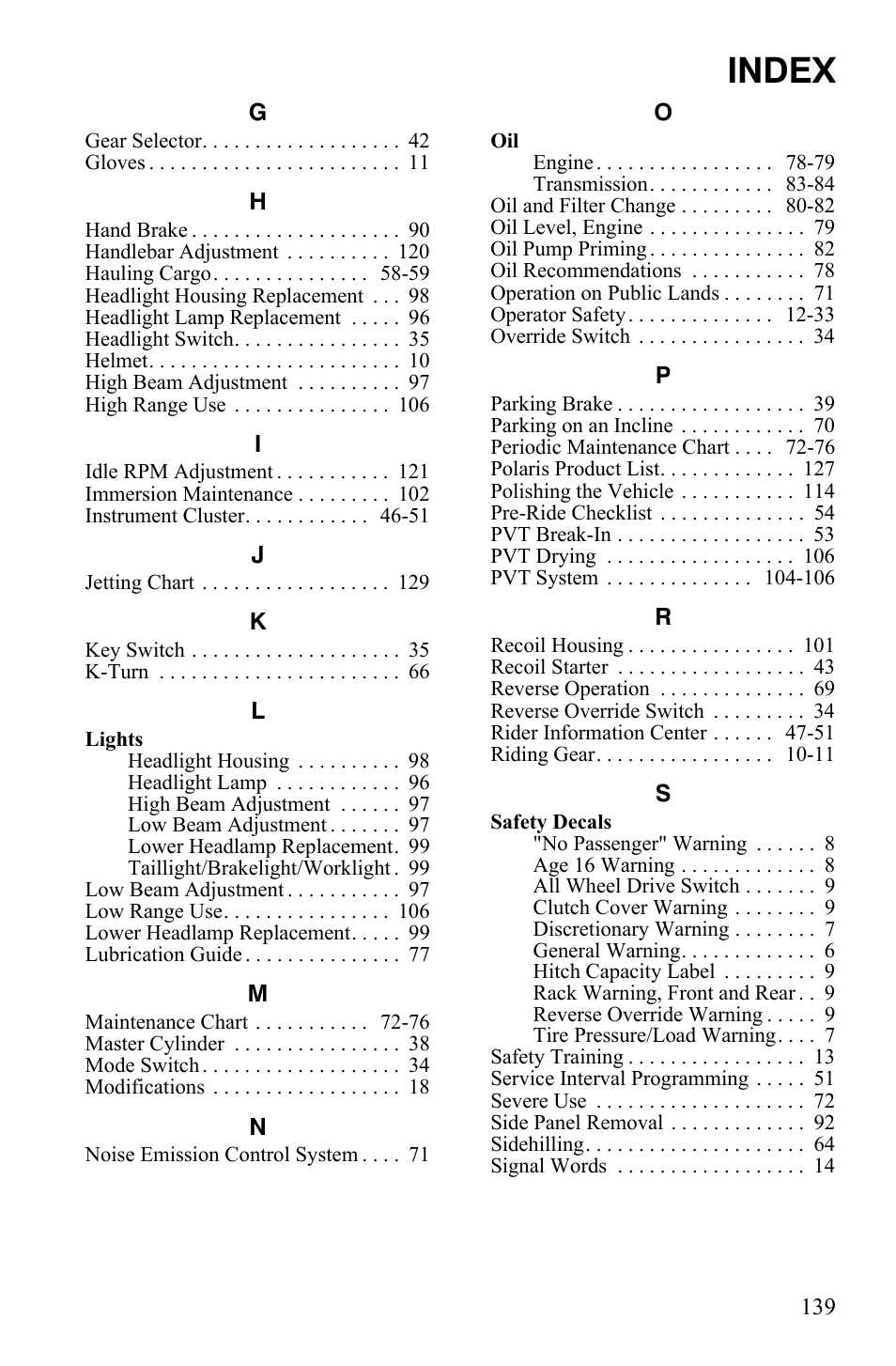 Index | Polaris Sportsman 9920629 User Manual | Page 142 / 143