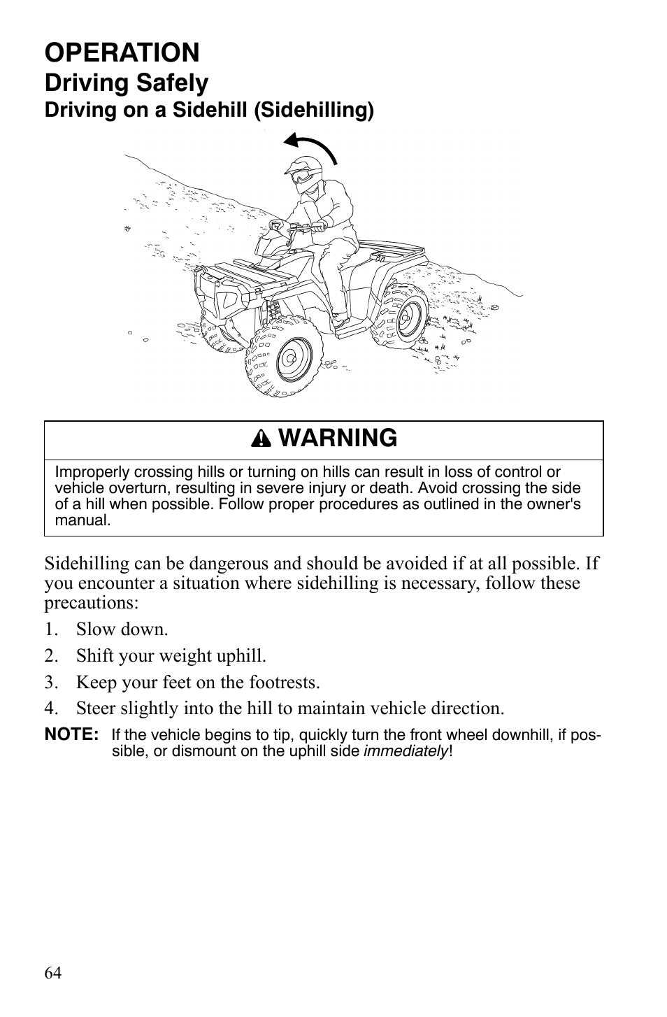 Operation, Driving safely, Warning | Polaris Sportsman 9920629 User Manual | Page 67 / 143
