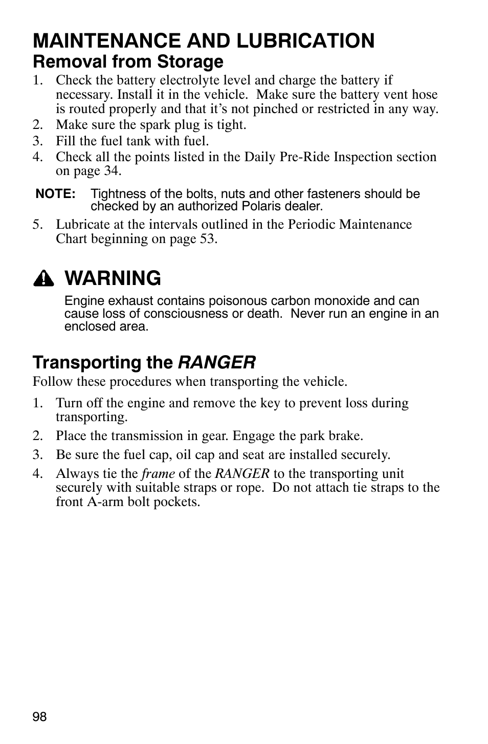Maintenance and lubrication, Warning, Removal from storage | Transporting the ranger | Polaris RANGER XP 4X4 700 EFI User Manual | Page 101 / 122