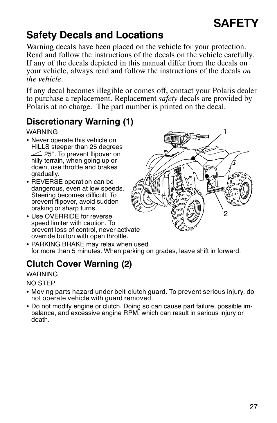 Safety, Safety decals and locations, Discretionary warning (1) | Clutch cover warning (2) | Polaris Scrambler 9921620 User Manual | Page 29 / 124