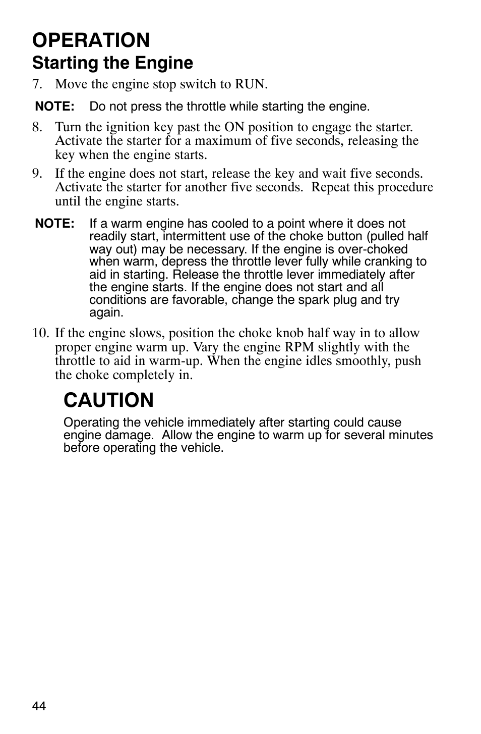 Operation, Caution, Starting the engine | Polaris Scrambler 9921620 User Manual | Page 46 / 124