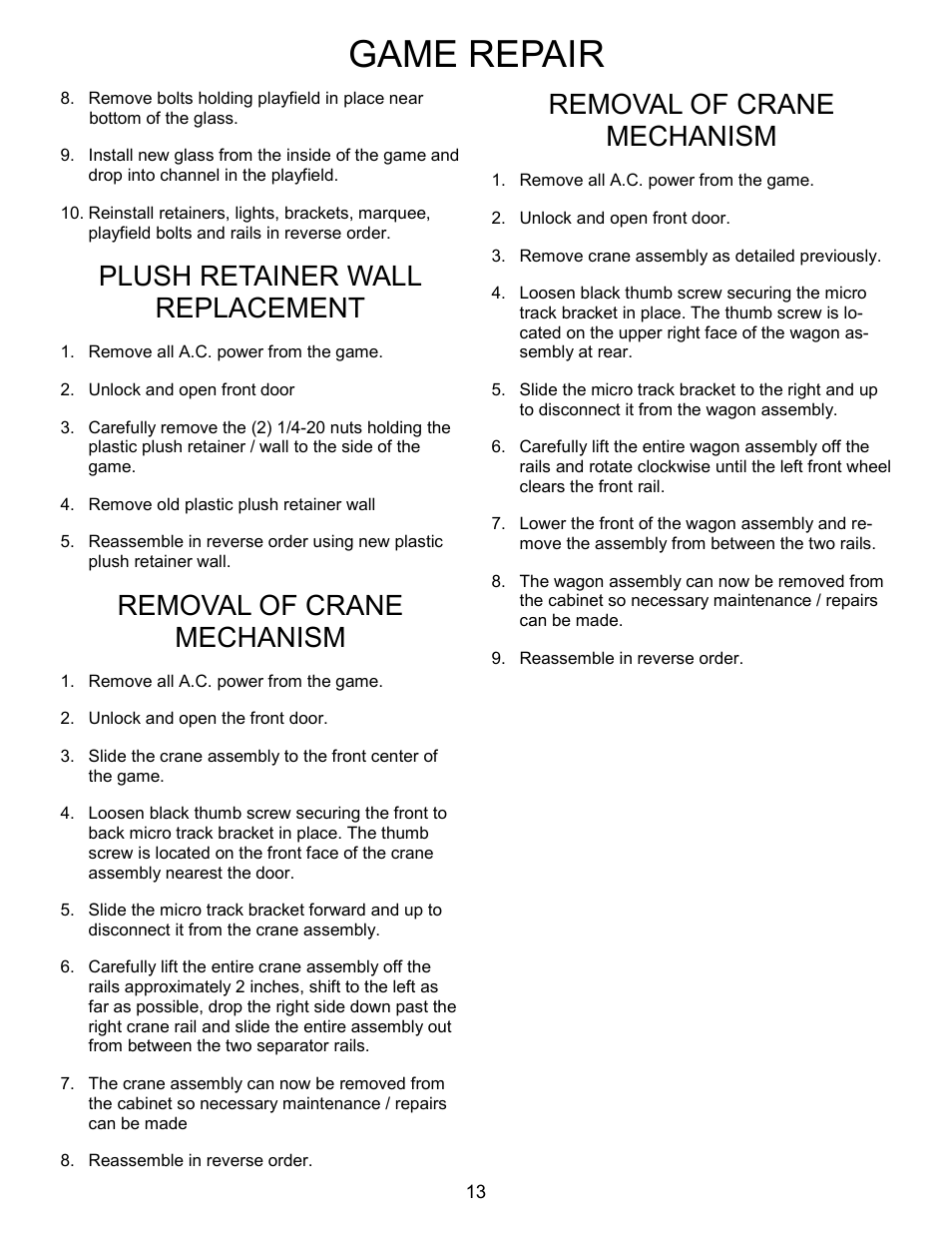 Game repair, Plush retainer wall replacement, Removal of crane mechanism | Pinnacle Speakers Crane WH6-120-6 User Manual | Page 13 / 40