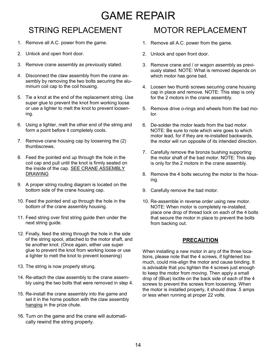 Game repair, String replacement, Motor replacement | Pinnacle Speakers Crane WH6-120-6 User Manual | Page 14 / 40