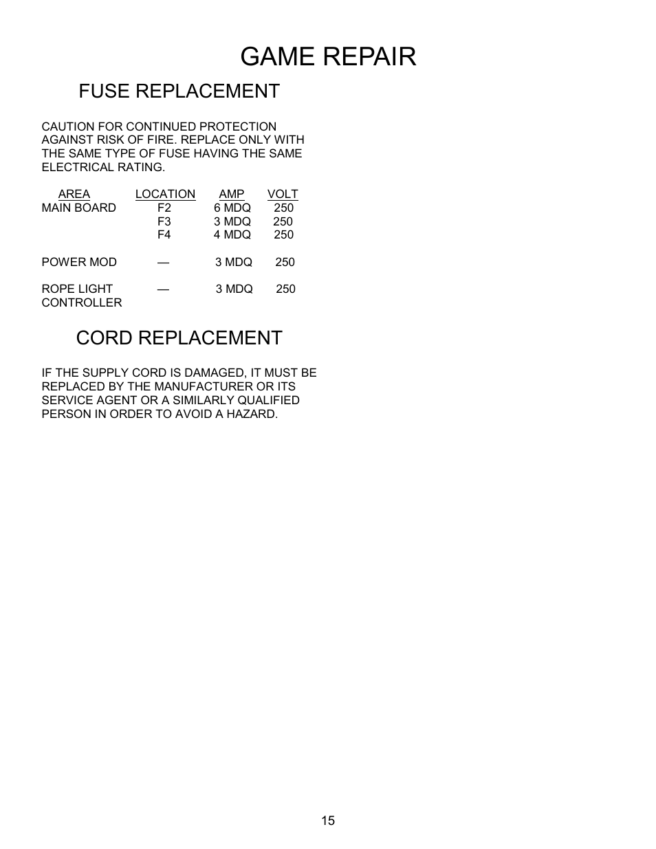 Game repair, Fuse replacement, Cord replacement | Pinnacle Speakers Crane WH6-120-6 User Manual | Page 15 / 40
