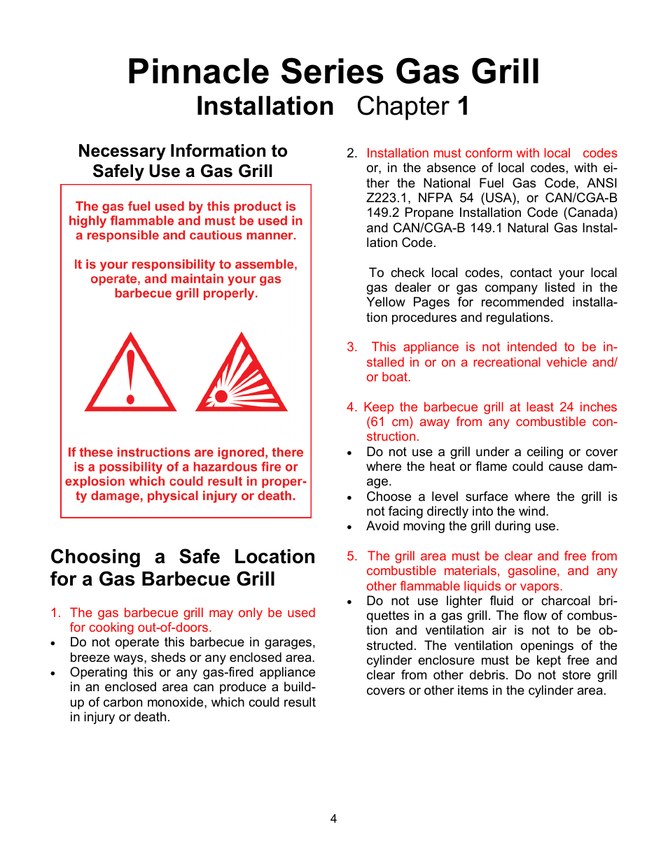 Pinnacle series gas grill, Installation chapter 1, Choosing a safe location for a gas barbecue grill | Necessary information to safely use a gas grill | Pinnacle Speakers TG475-2 User Manual | Page 4 / 9