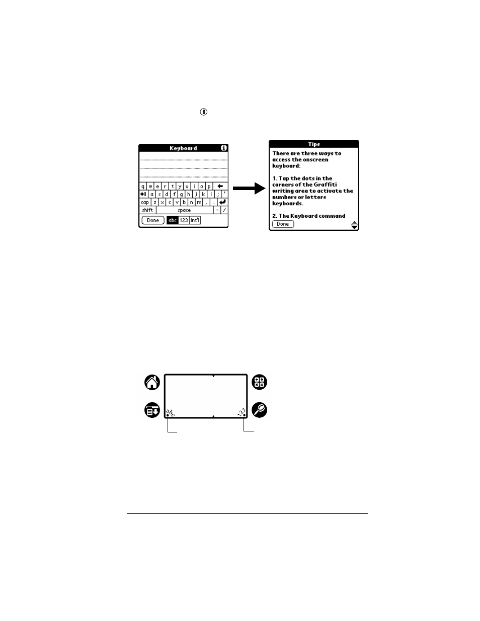 To display an online tip, Four ways to enter data, Onscreen keyboard | Palm IIIc User Manual | Page 29 / 246