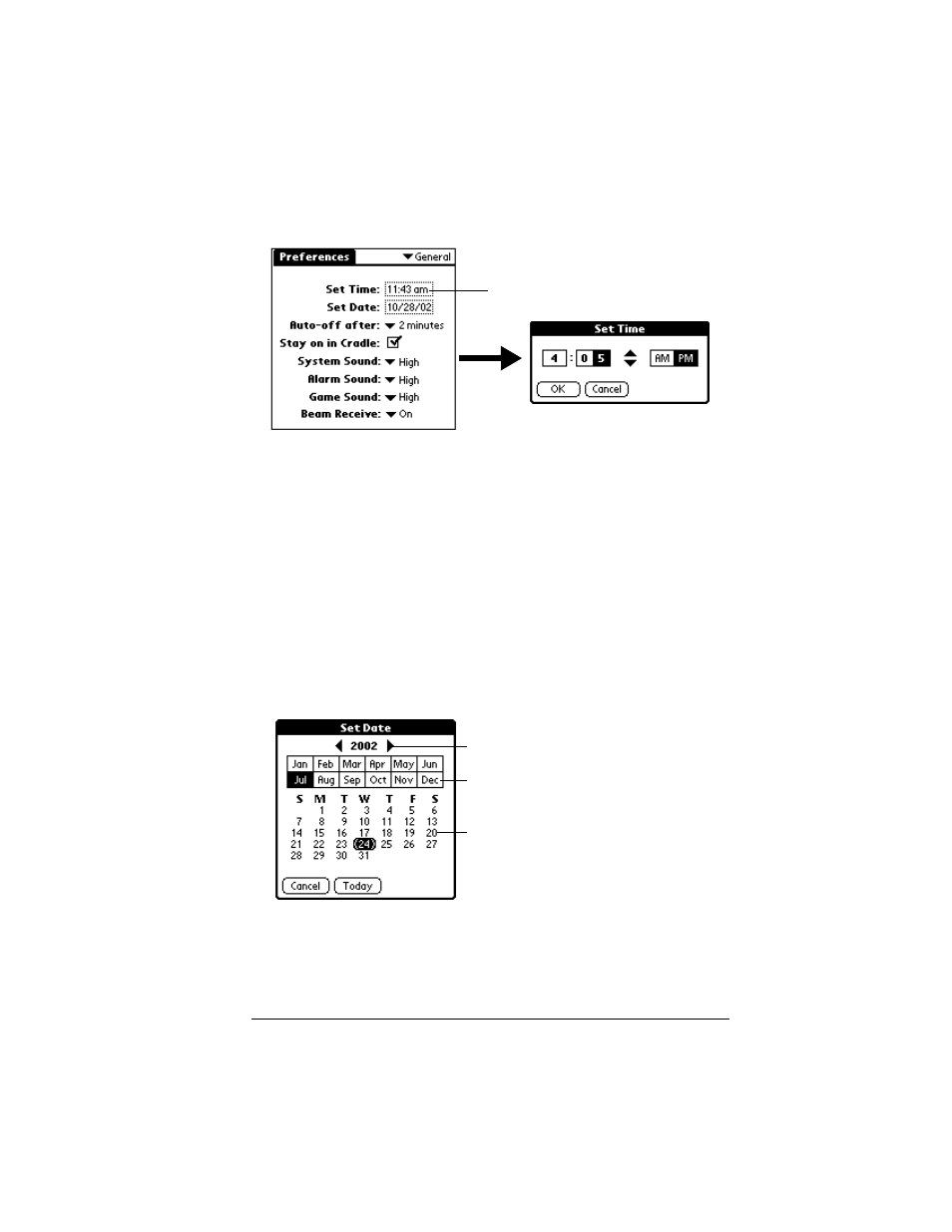 To set the current time, To set the current date | Palm IIIc User Manual | Page 33 / 246