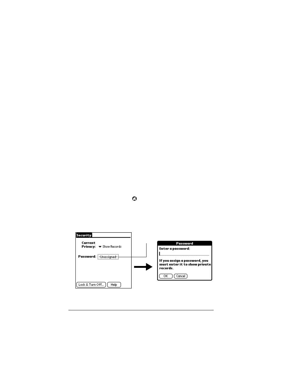 Security, In security, you can do the following, Assigning a password | To assign a password | Palm IIIc User Manual | Page 54 / 246