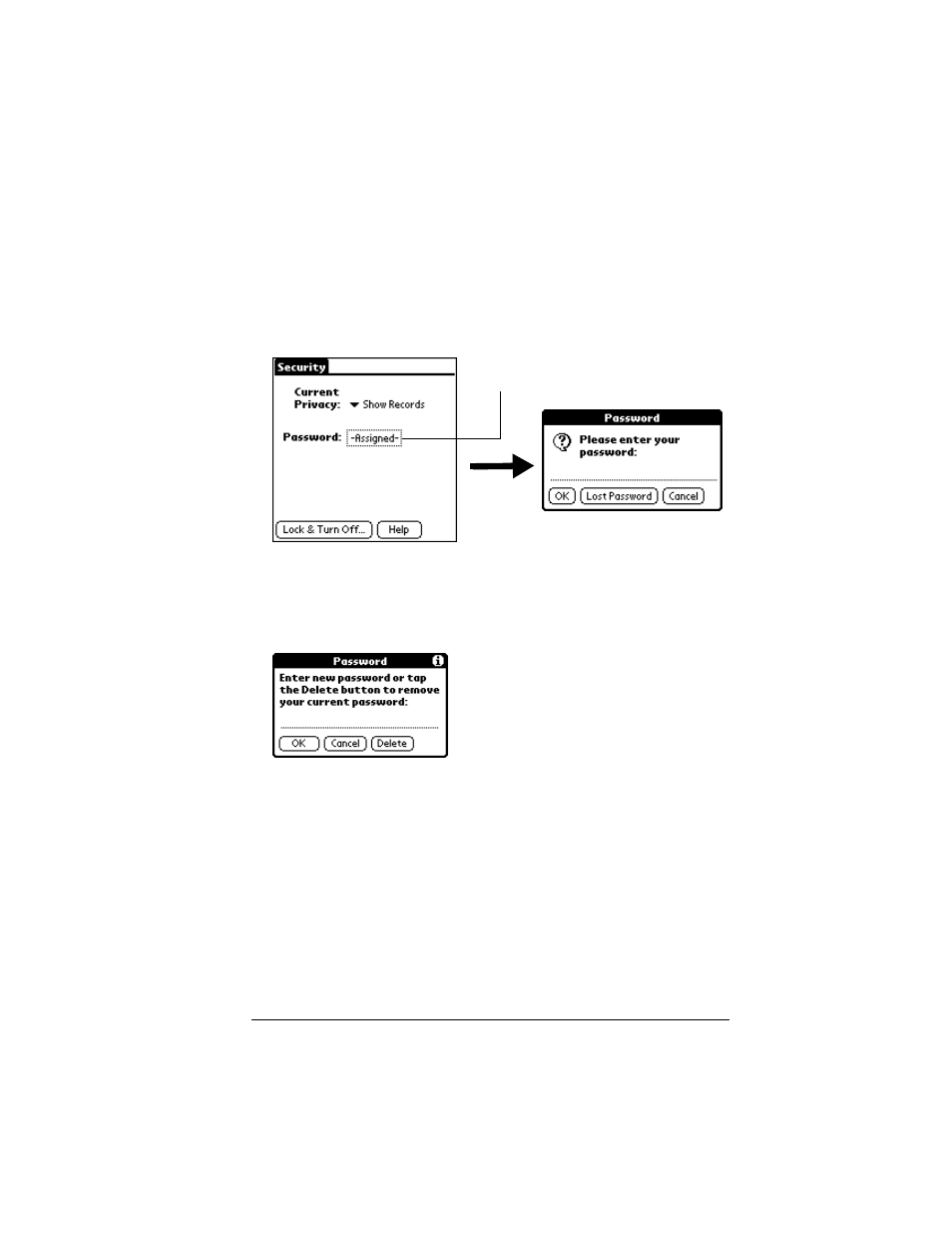 Changing or deleting a password, To change or delete your password, Locking your organizer | Palm IIIc User Manual | Page 55 / 246
