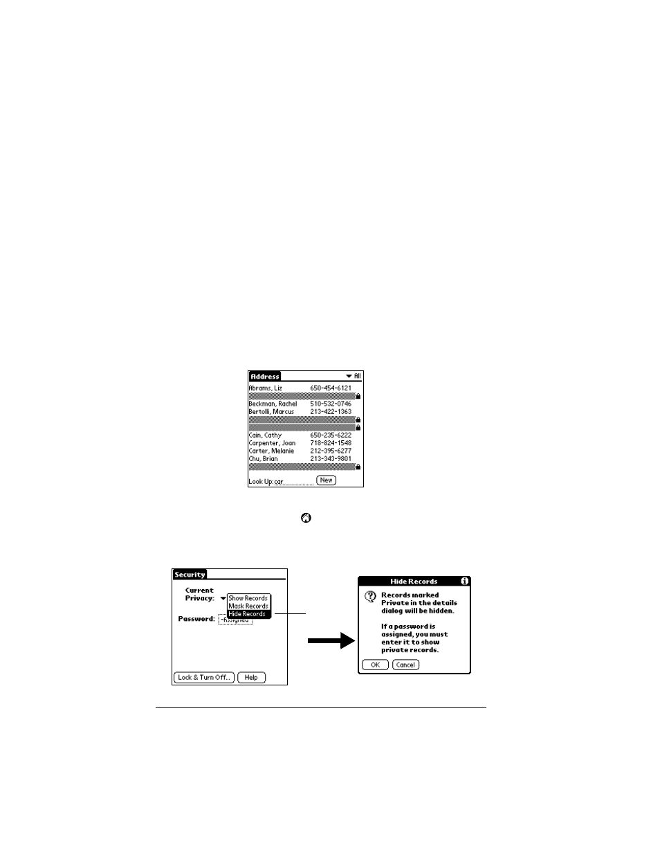 Making records private, Hiding or masking private records, To hide all private records | Palm IIIc User Manual | Page 78 / 246