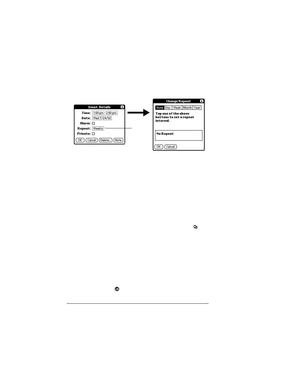 To schedule a repeating or continuous event, Changing repeating or continuous events, To delete repeating events | Palm IIIc User Manual | Page 88 / 246