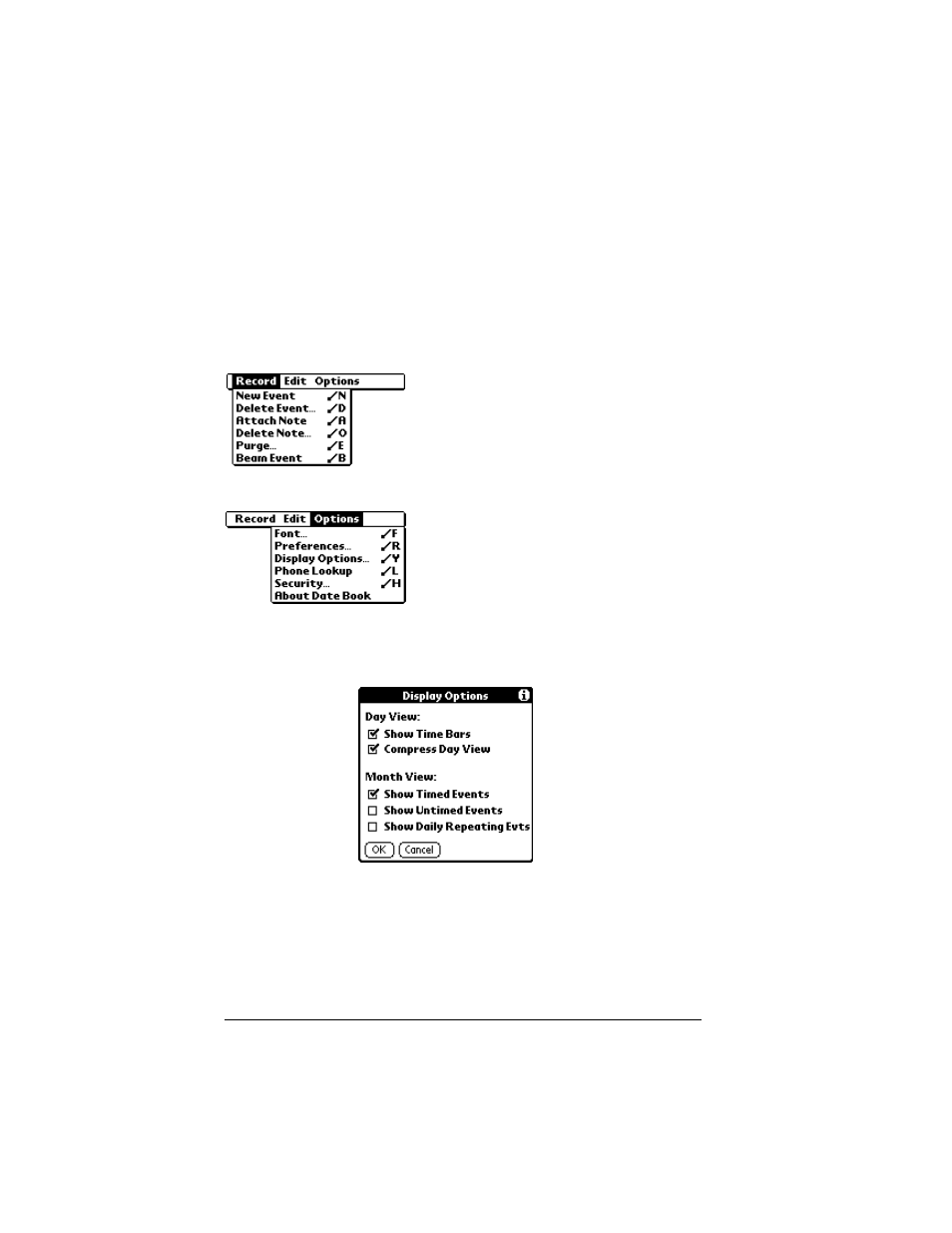 Date book menus, preferences, and display options, Record menu, Options menu | Palm IIIc User Manual | Page 94 / 246