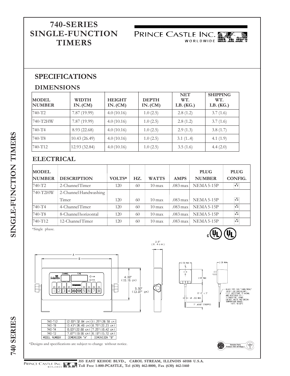 Series single-function timers, 740 series single-function timers, Specifications | Dimensions, Electrical | Prince Castle 740-T2HW User Manual | Page 2 / 2