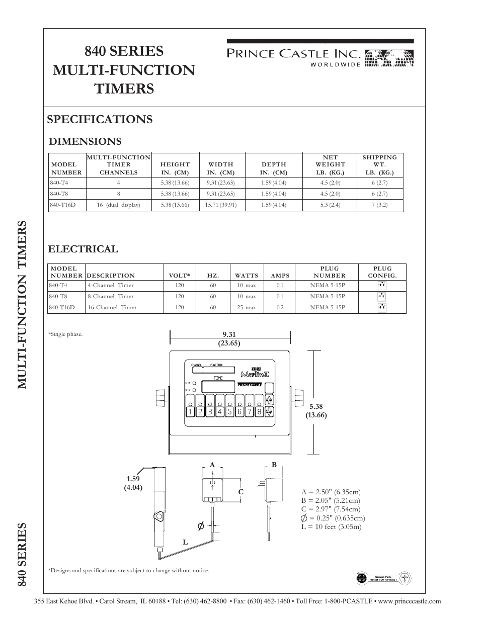 840 series multi-function timers, 840 series mul ti-function timers, Specifications | Electrical, Dimensions | Prince Castle 840-T8 User Manual | Page 2 / 2