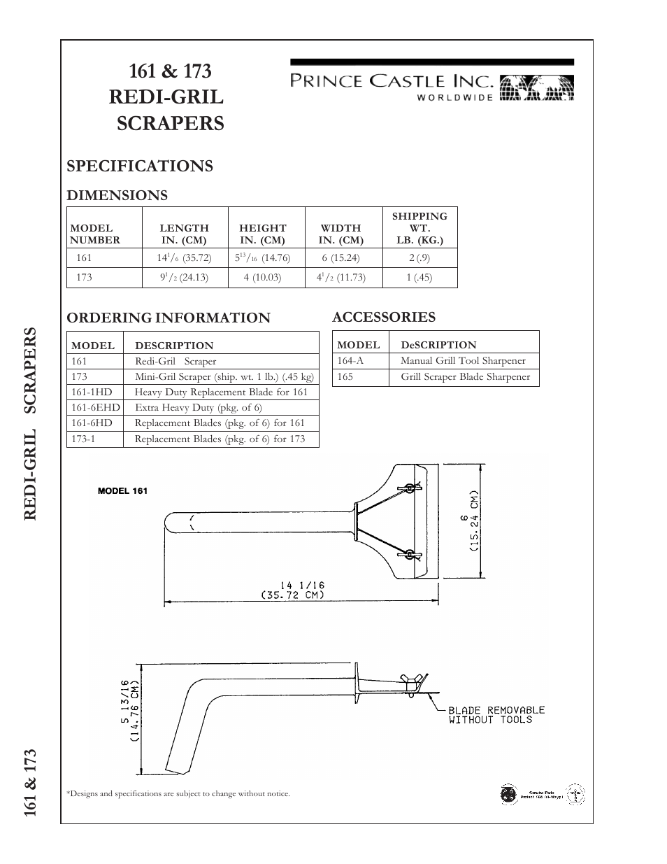Specifications, Scrapers, Dimensions | Ordering information, Accessories | Prince Castle Redi-Grill Scapers 173 User Manual | Page 2 / 2