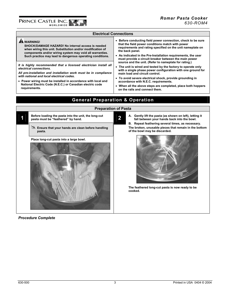 General preparation & operation, Romar pasta cooker 630-rom4 | Prince Castle 630-ROM4 User Manual | Page 3 / 9