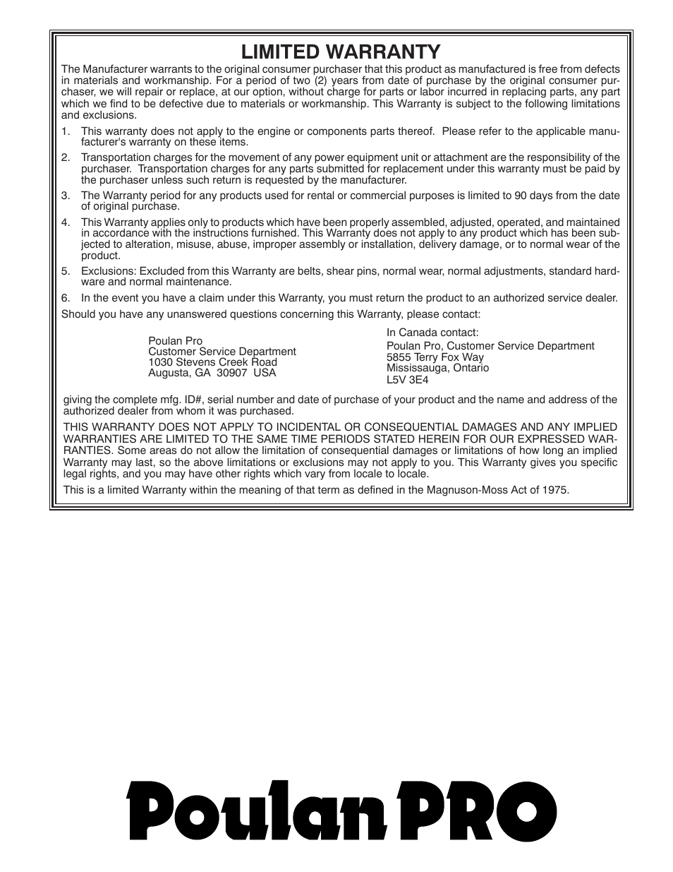 Limited warranty | Poulan 96192001903 User Manual | Page 40 / 40