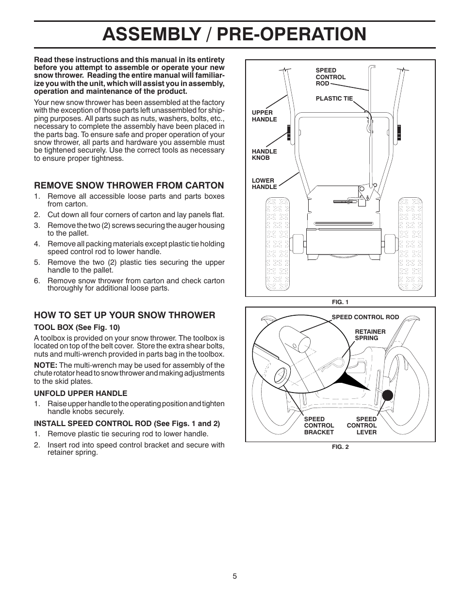 Assembly / pre-operation, Remove snow thrower from car ton, How to set up your snow thrower | Poulan 96192001903 User Manual | Page 5 / 40