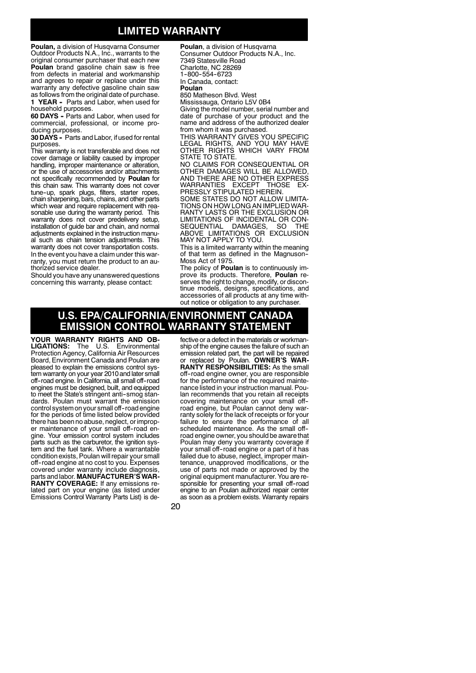 Limited warranty | Poulan 952802028 User Manual | Page 20 / 21