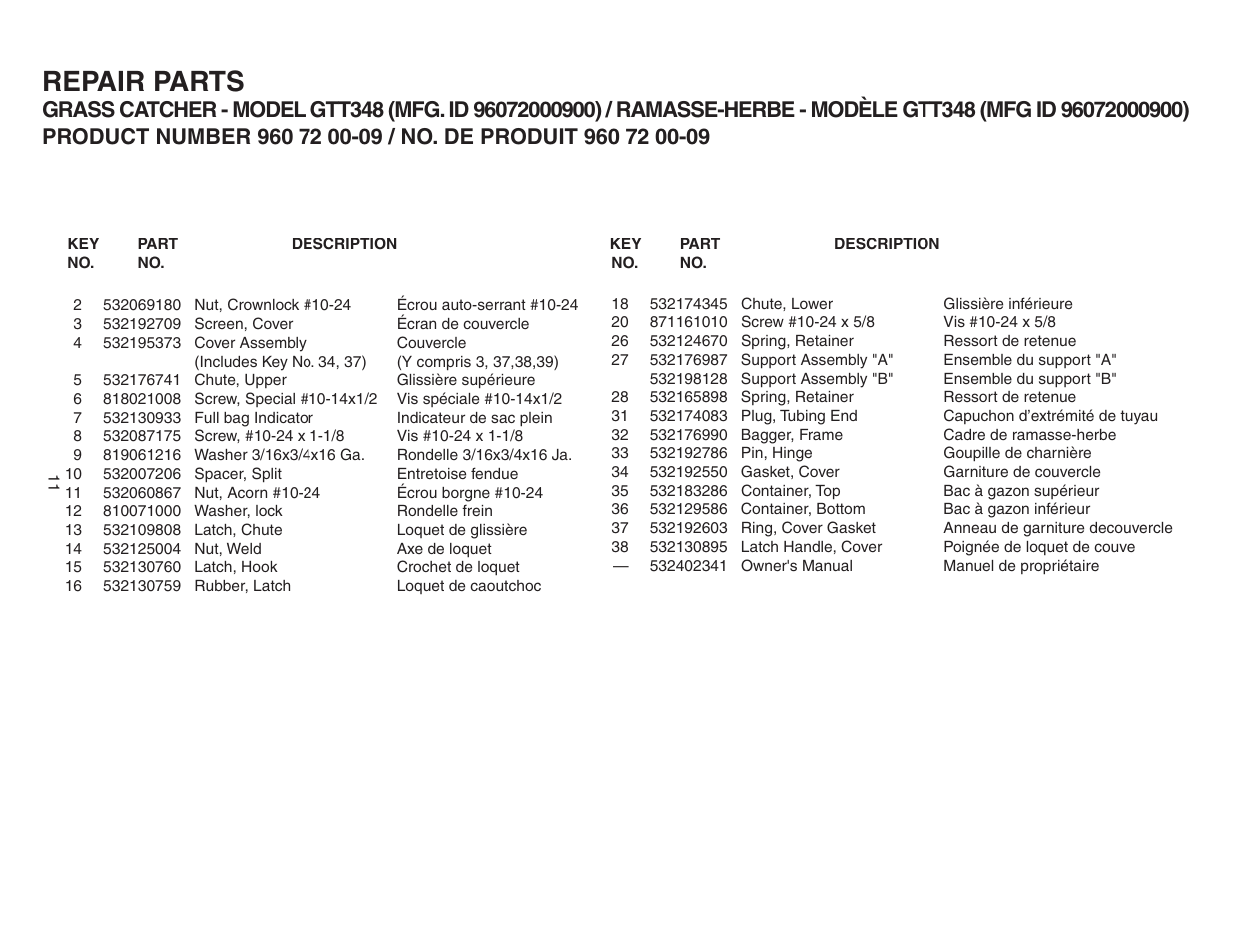 Repair parts | Poulan 96072000900 User Manual | Page 11 / 11