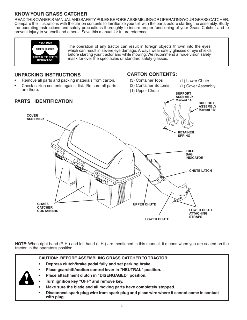 Know your grass catcher, Parts identification, Unpacking instructions | Carton contents | Poulan 96072000900 User Manual | Page 4 / 11