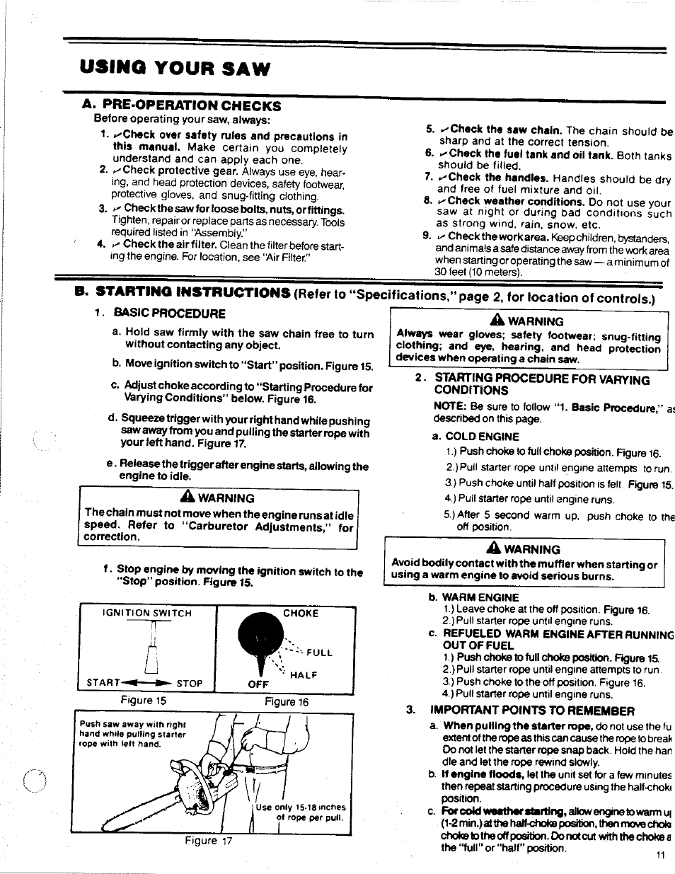 Usino your saw, A. pre-operation checks, Using your saw | Starting instructions | Poulan 2300 AV User Manual | Page 11 / 24