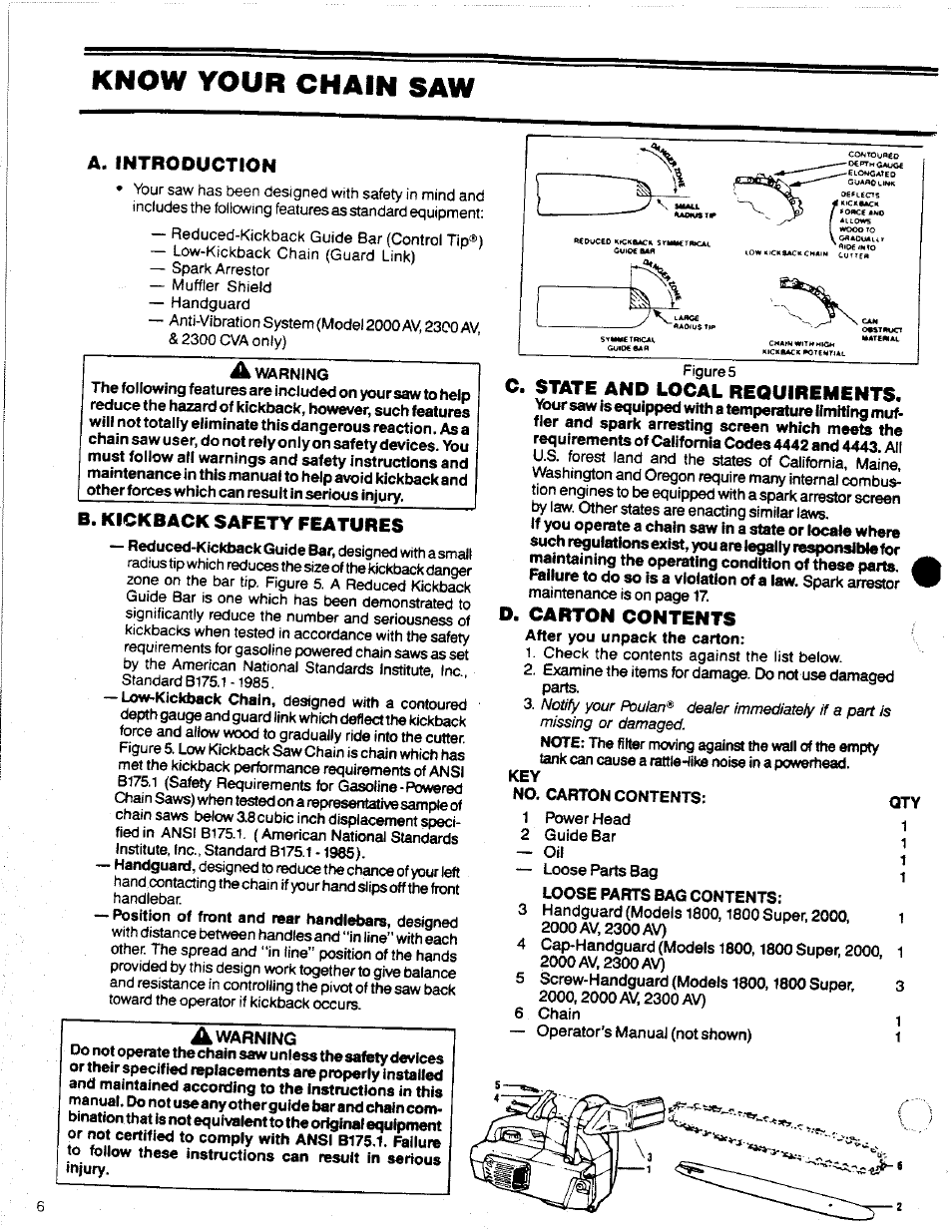 Know your chain saw, A, introduction, B. kickback safety features | C. state and local requirements, D. carton contents | Poulan 2300 AV User Manual | Page 6 / 24