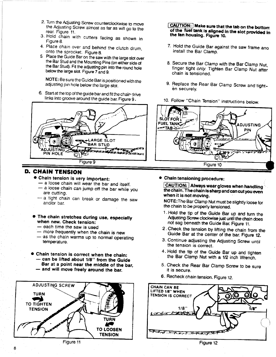 D. chain tension, Chain tension is correct when the chain, Chain tensioning procedure | Caution: always wear gloves when handling | Poulan 2300 AV User Manual | Page 8 / 24