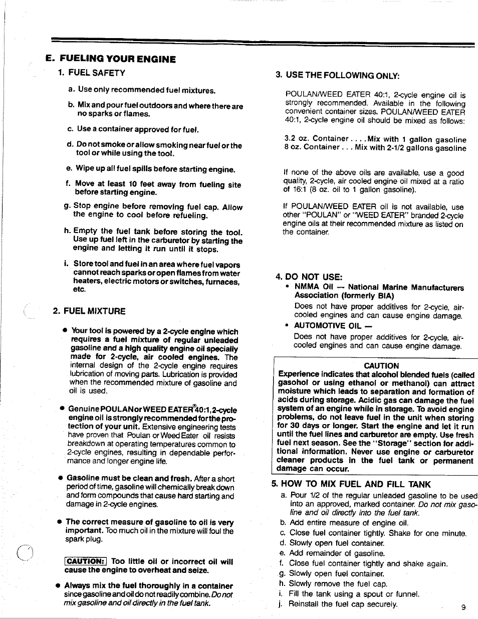 E. fueling your engine, Caution | Poulan 2300 AV User Manual | Page 9 / 24