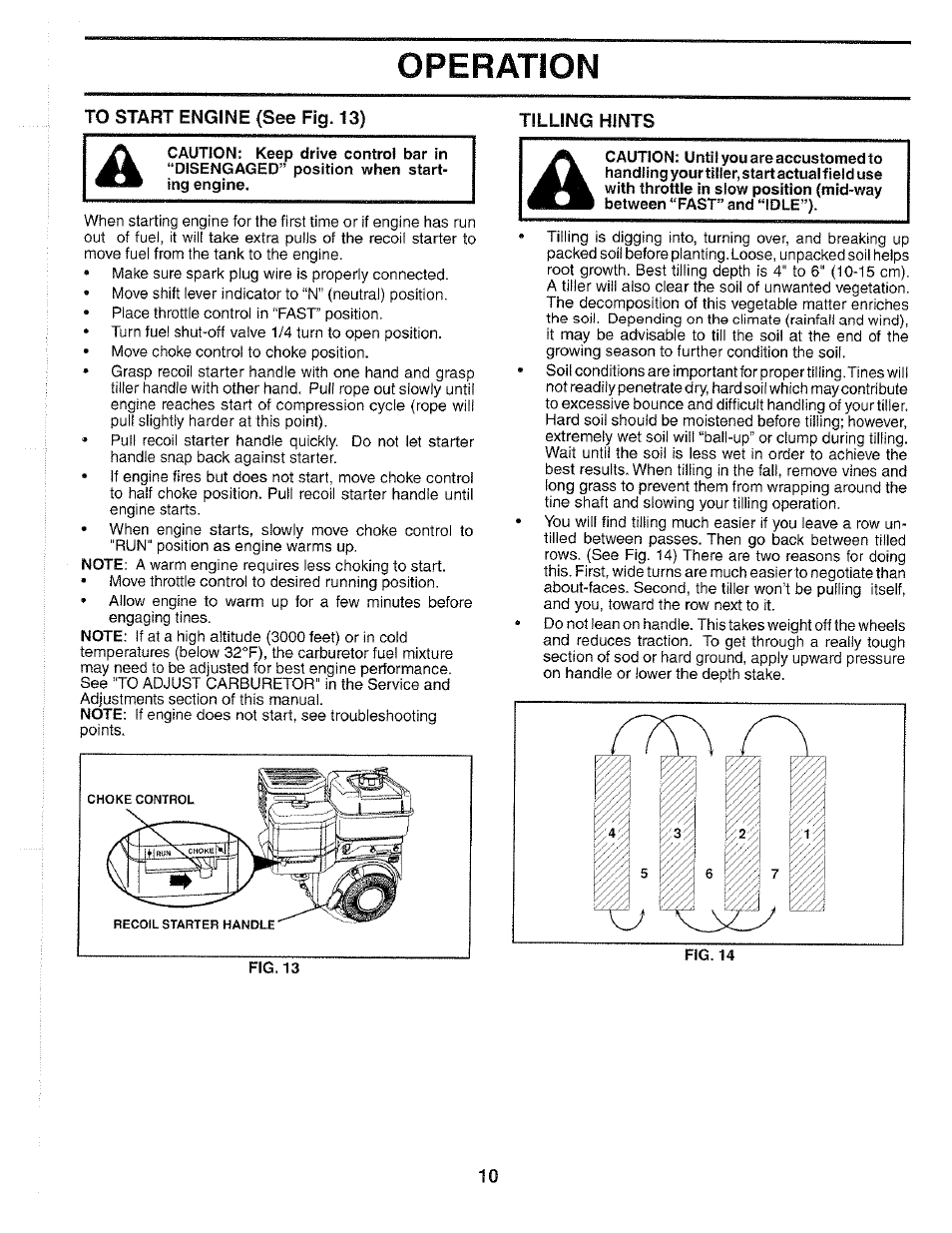 To start engine (see fig. 13), Tilling hints, Operation | Poulan 184877 User Manual | Page 10 / 28