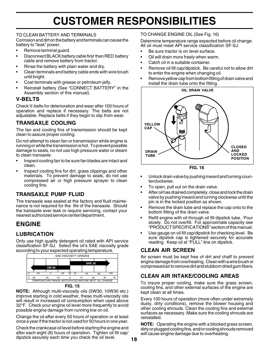 Customer responsibilities, Engine, Transaxle cooling | Transaxle pump fluid, Clean air screen, Clean air intake/cooling areas, V-belts, Lubrication | Poulan 176873 User Manual | Page 18 / 52