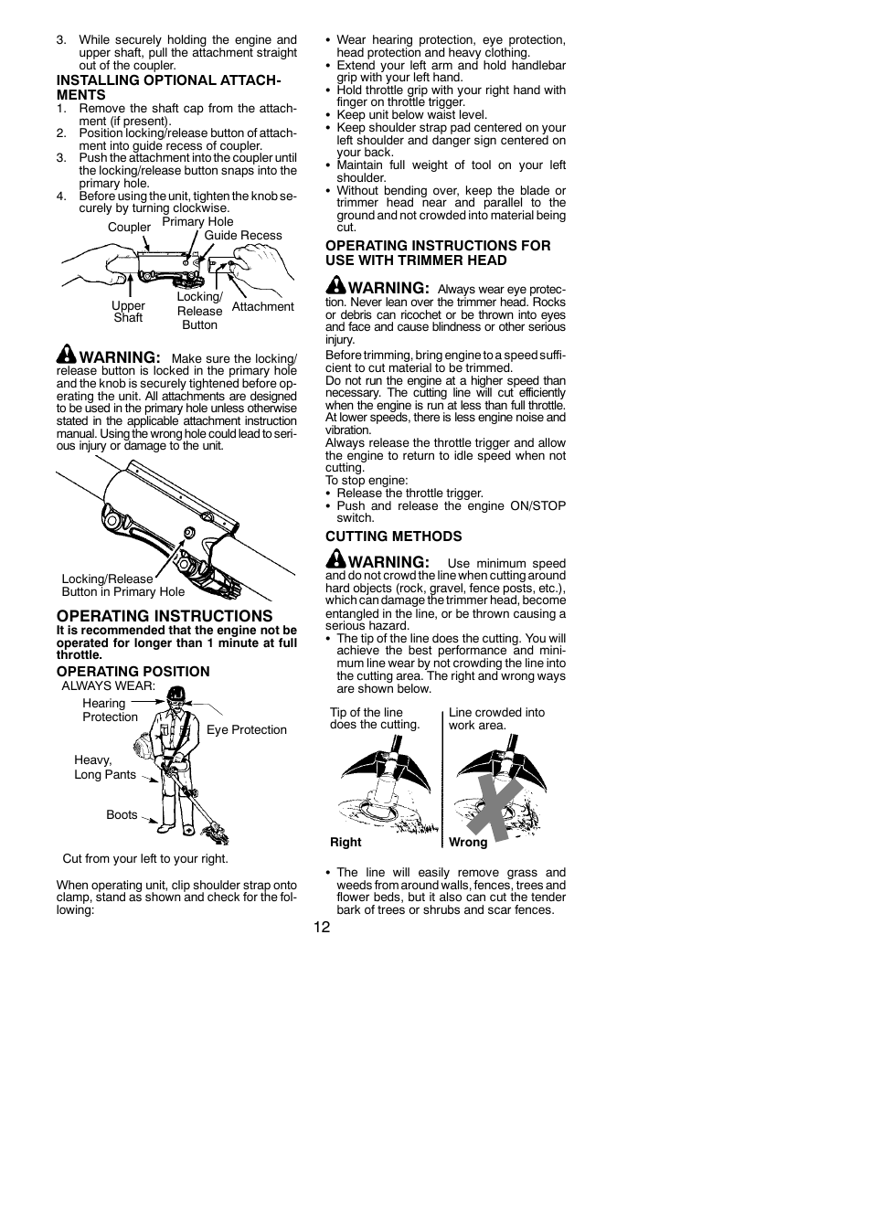 Warning, Operating instructions | Poulan 952711951 User Manual | Page 12 / 22