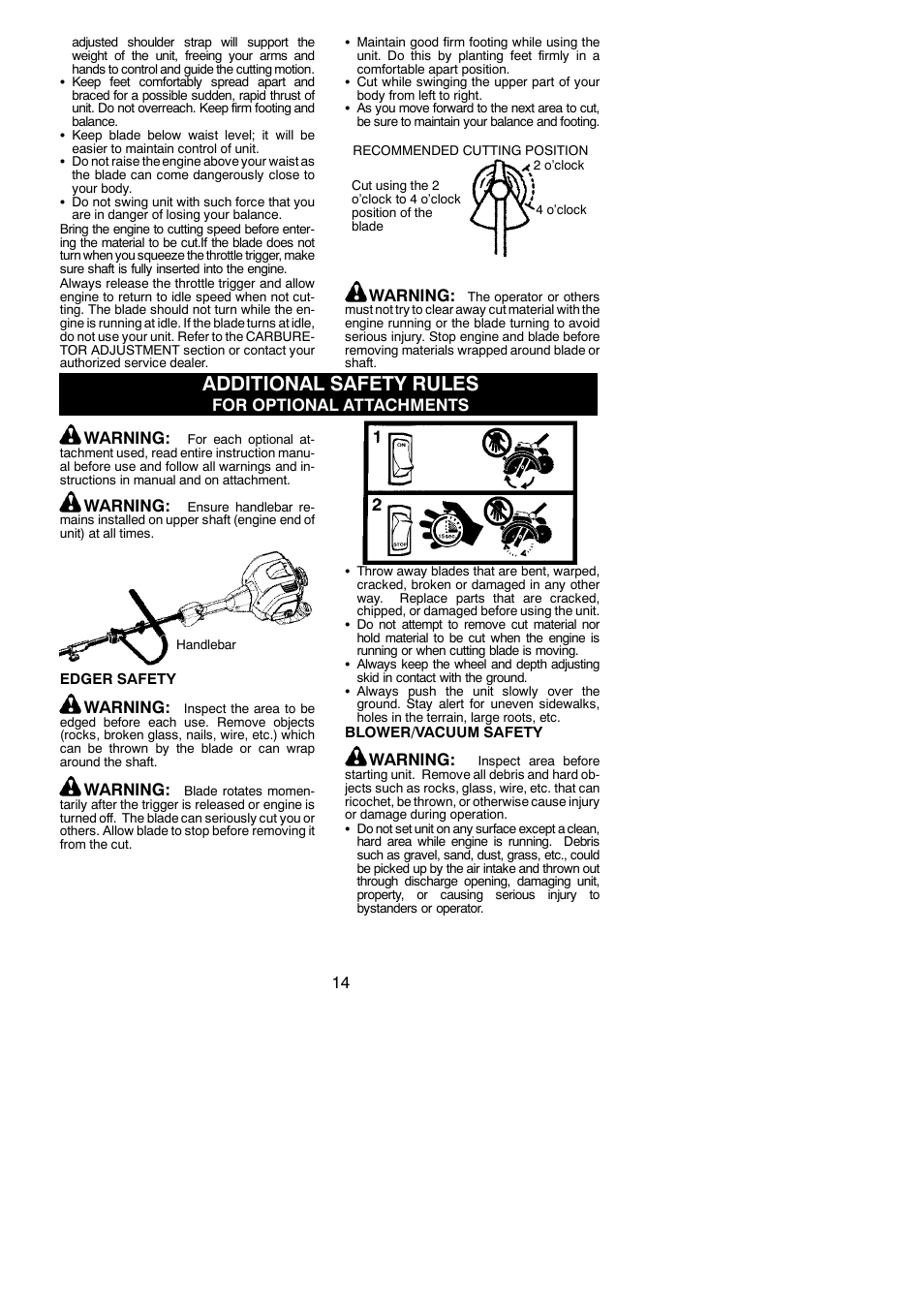 Additional safety rules, Warning, For optional attachments warning | Poulan 952711951 User Manual | Page 14 / 22