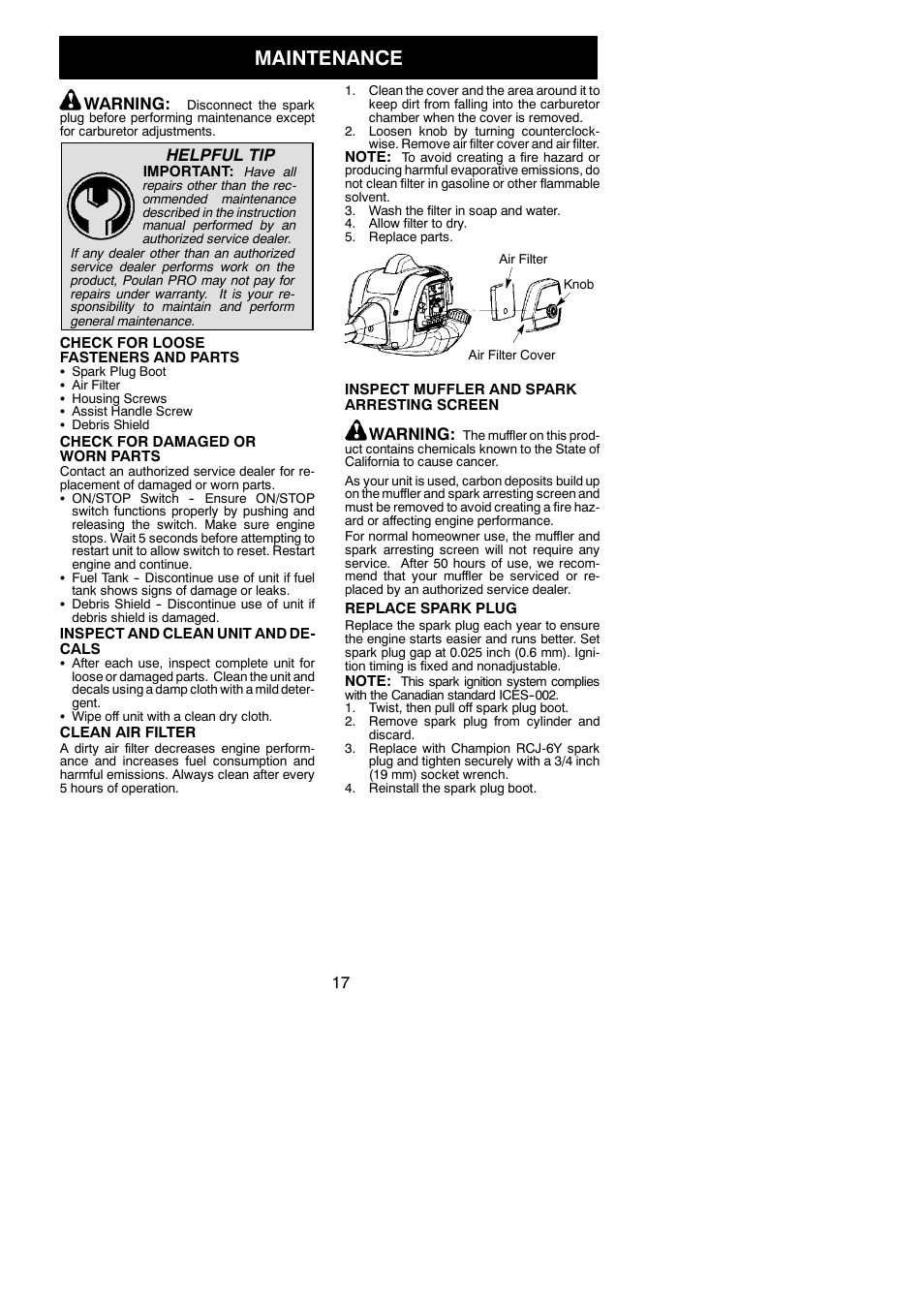 Maintenance, Warning, Helpful tip | Poulan 952711951 User Manual | Page 17 / 22