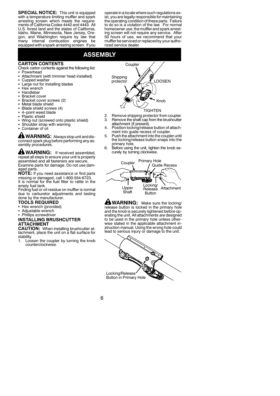 Assembly, Warning | Poulan 952711951 User Manual | Page 6 / 22