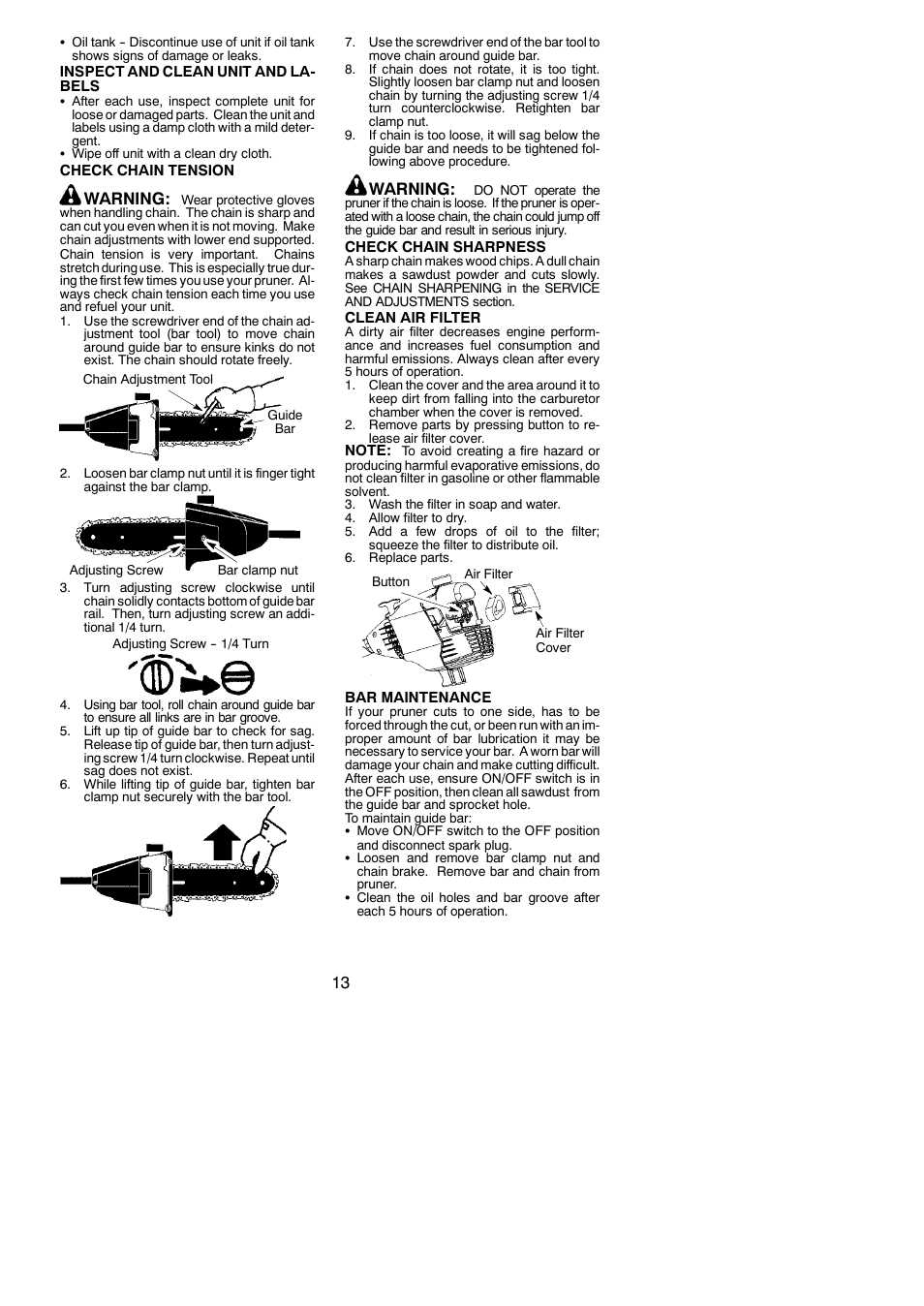 Warning | Poulan 530163735 User Manual | Page 13 / 18