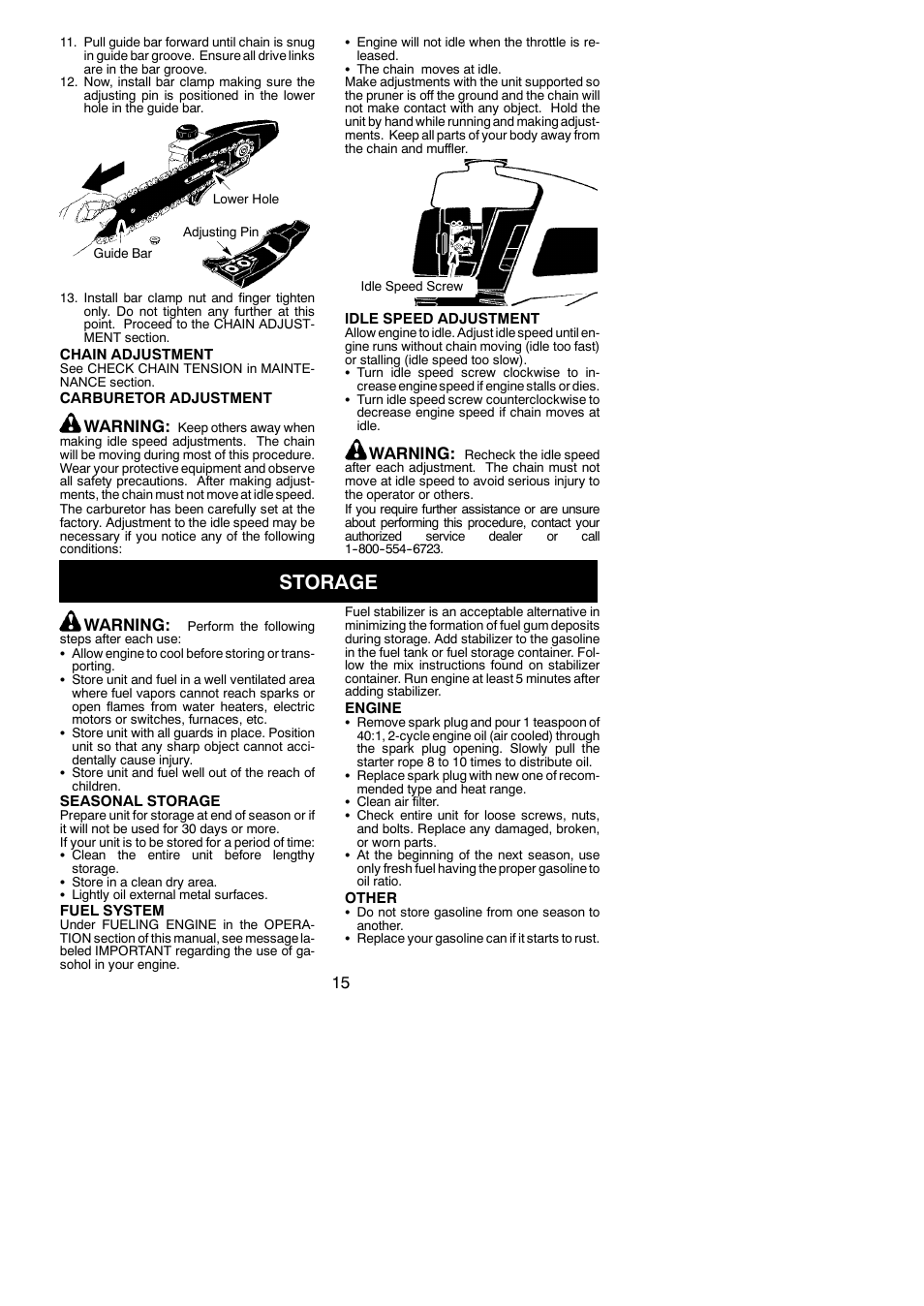 Storage, Warning | Poulan 530163735 User Manual | Page 15 / 18