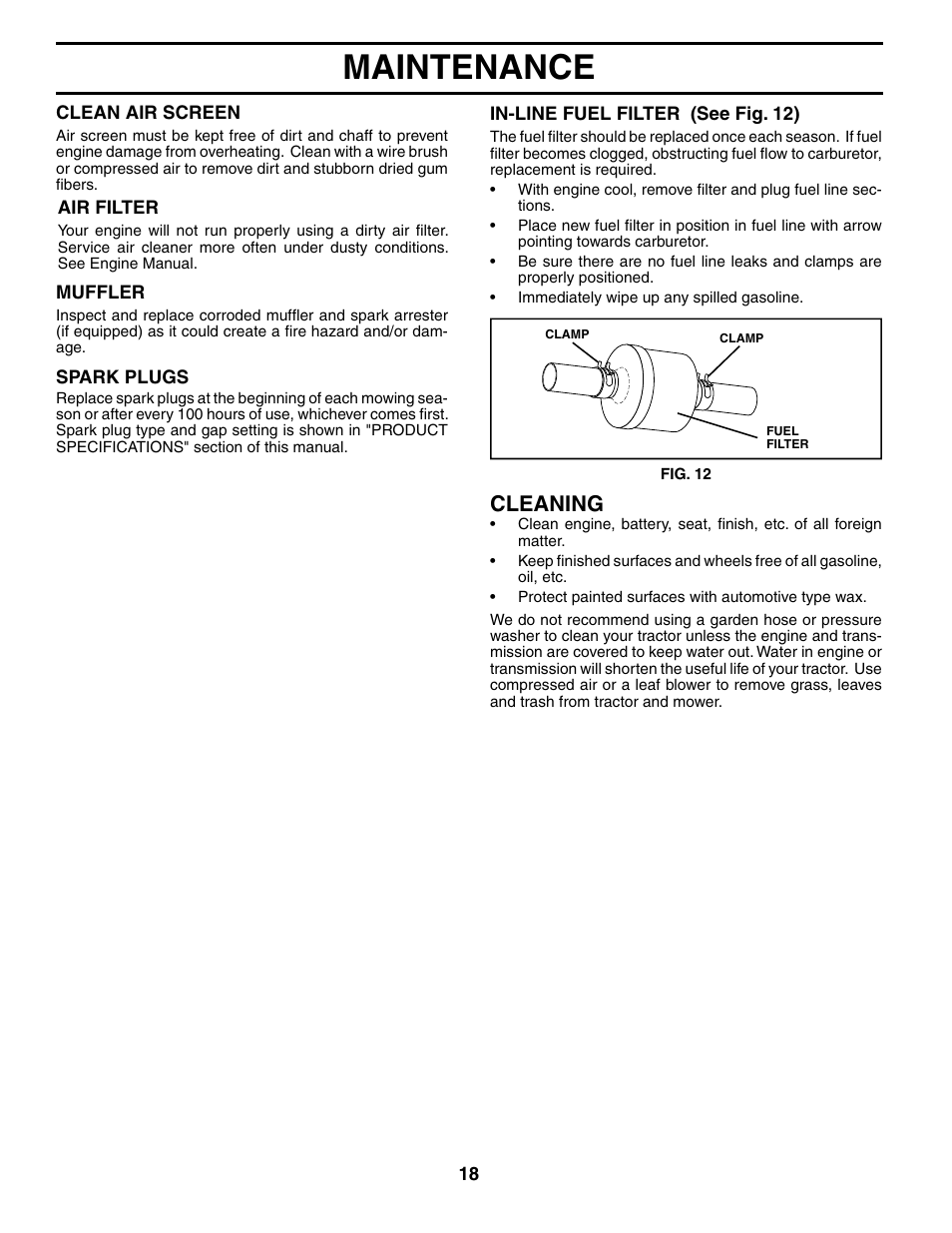 Maintenance, Cleaning | Poulan 195506 User Manual | Page 18 / 30