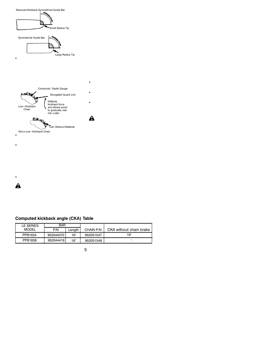 Warning, Computed kickback angle (cka) table | Poulan 530164284 User Manual | Page 5 / 18