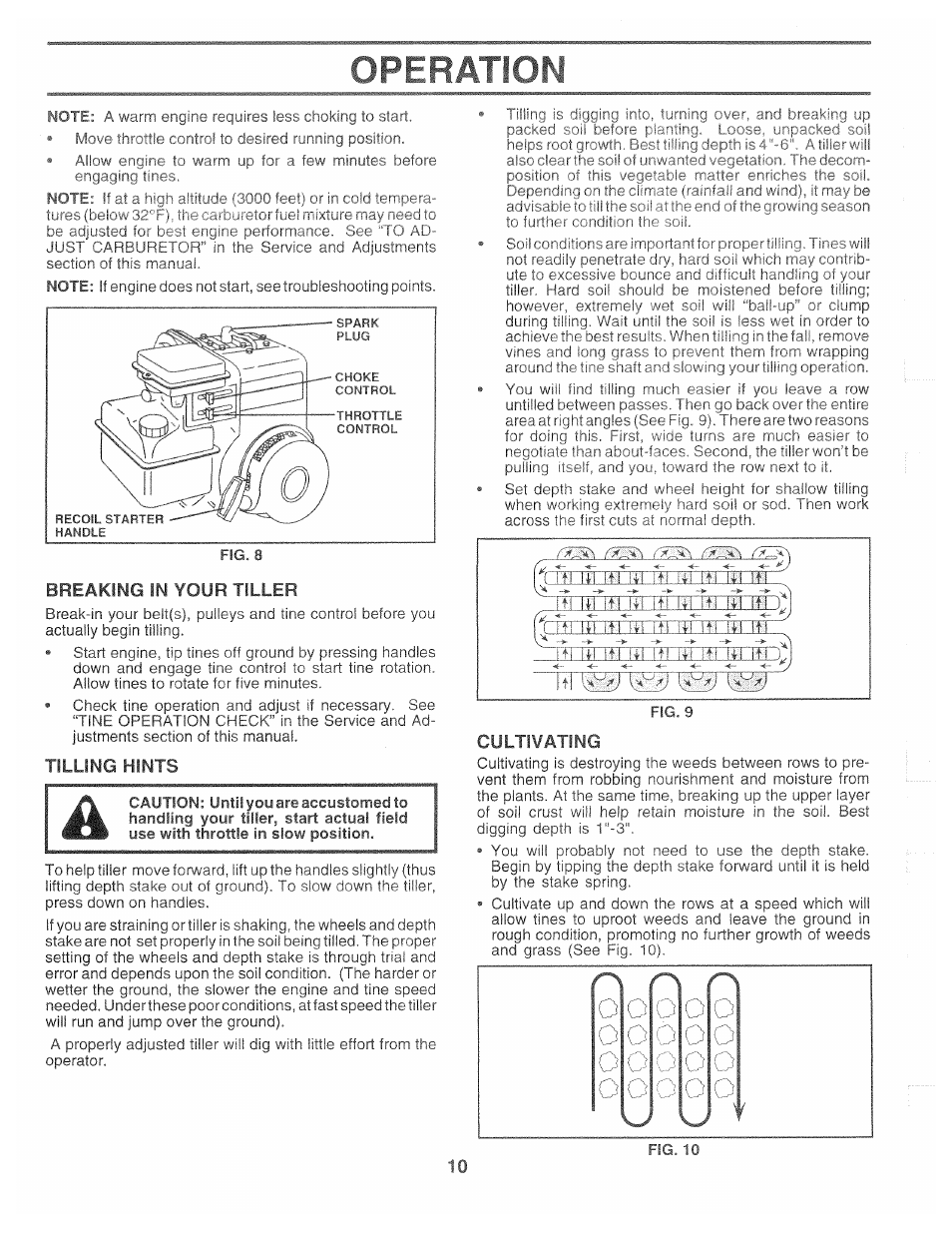 Breaking in your tiller, Tilling hints, Cultivating | Operation | Poulan CHDF550B User Manual | Page 10 / 24