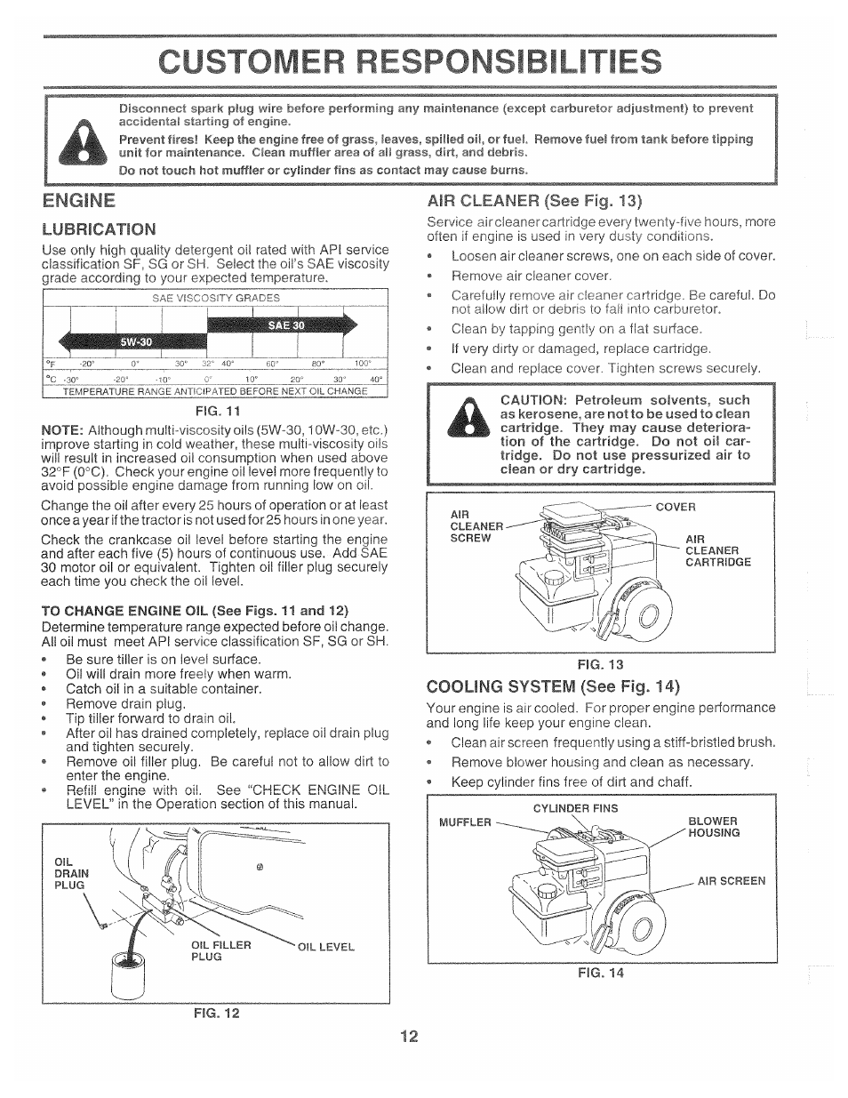 Lubrication, Air cleaner (see fig i1, Cooling system (see fig. 14) | Customer responsibilities, Engine | Poulan CHDF550B User Manual | Page 12 / 24