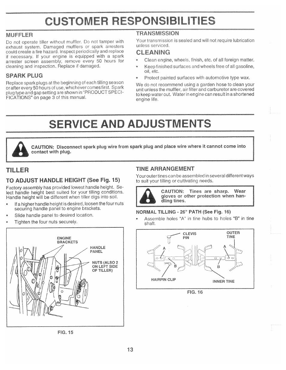 Cimomeb responsibfì mñí, Sfark plut, Transmission | To adjust handle height (see fig. 15), Tine arrangement, Spark plug, Arrangement -14, Service and adjustments, Cimomeb, Cleaning | Poulan CHDF550B User Manual | Page 13 / 24