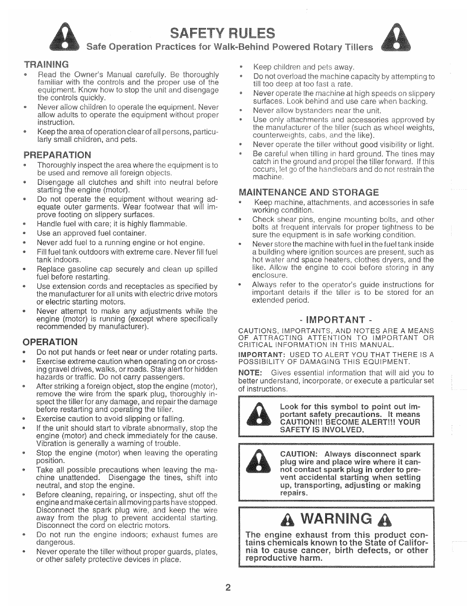 Safe operation, Radices for waik-behind powered rotary tillers, Training | Preparation, Operation, Maintenance and storage, Important, A warning a | Poulan CHDF550B User Manual | Page 2 / 24