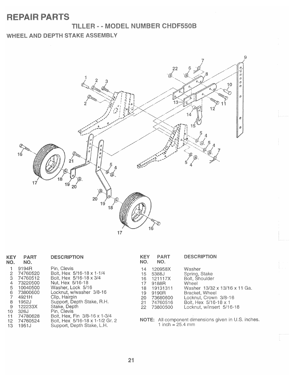 Wheel ^ jeptk stäke assembly, Repair parts | Poulan CHDF550B User Manual | Page 21 / 24