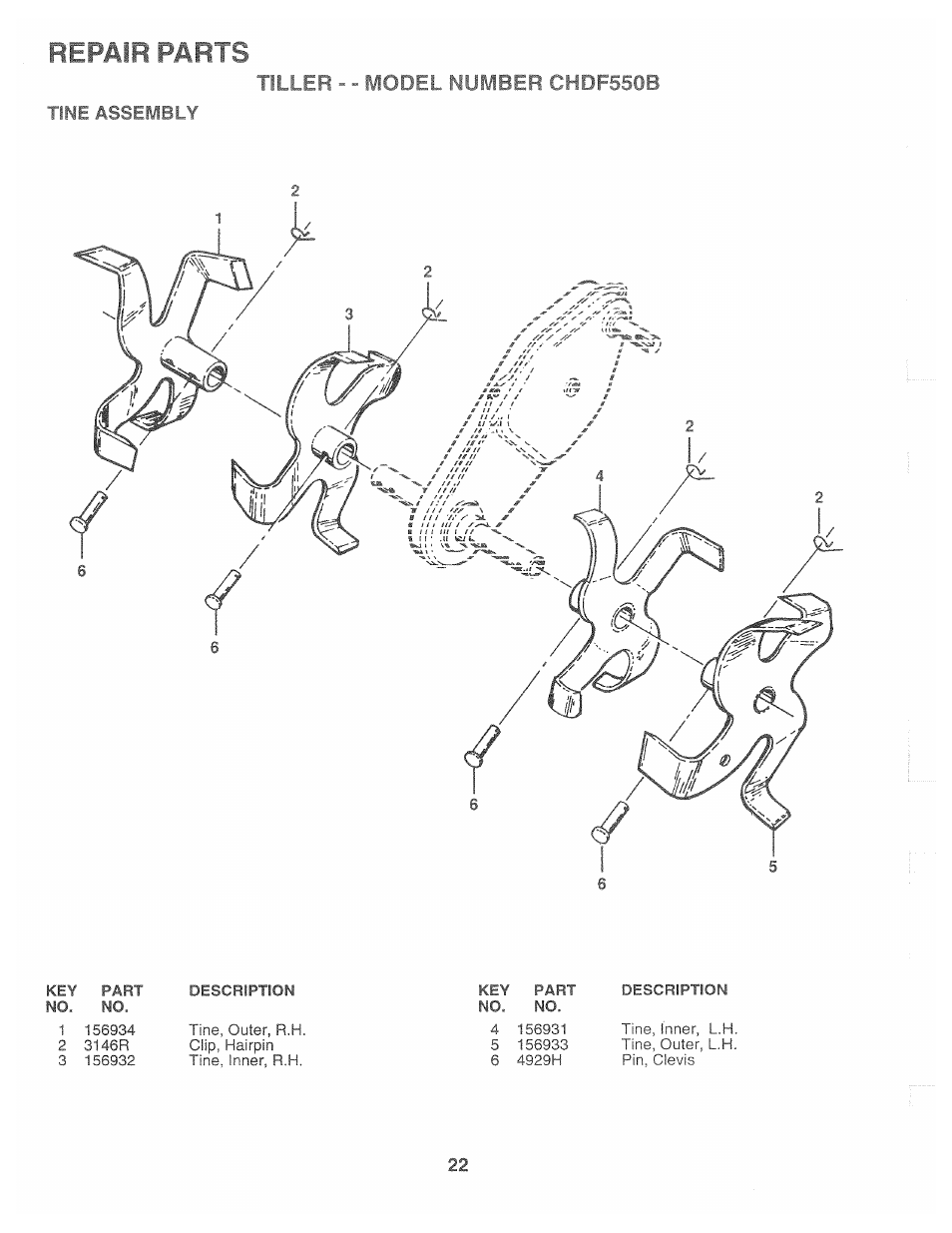 Reu ep - - model number chdf550b, Tine assemi, Repair parts | Poulan CHDF550B User Manual | Page 22 / 24
