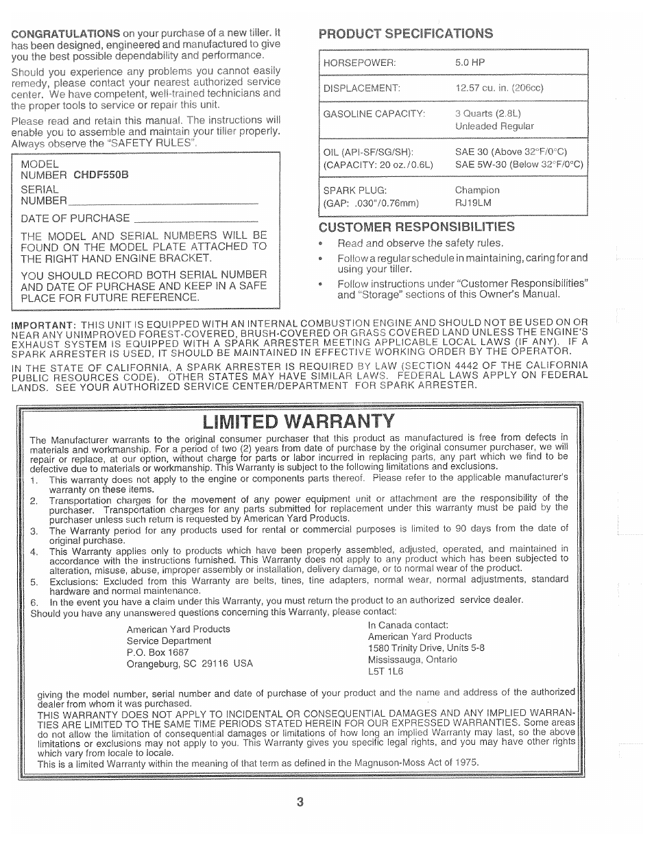 Product specifications, Customer responsibilities, Limited warranty | Poulan CHDF550B User Manual | Page 3 / 24