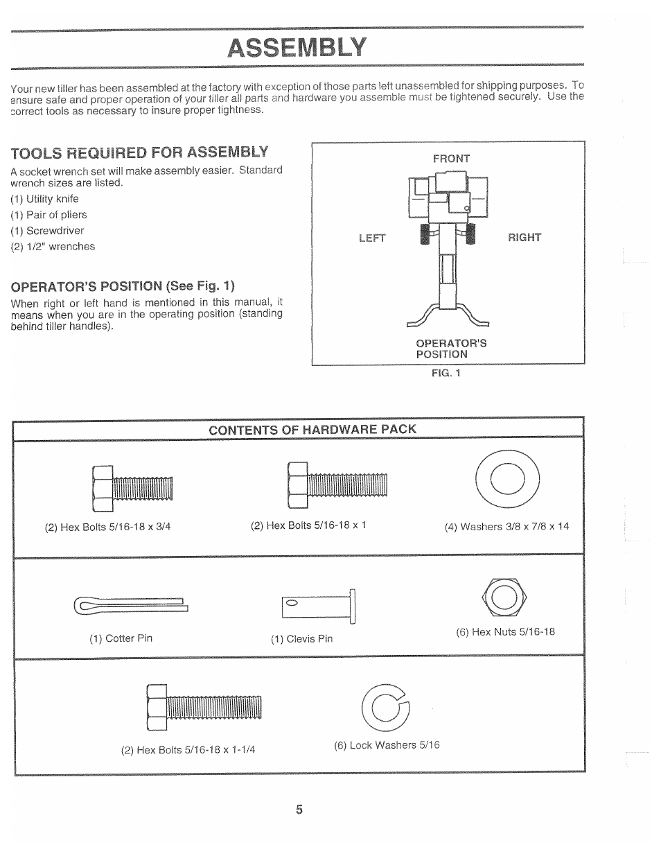 Assrpblf, Tu*ji s fob assembly, Operator’s position (see fig. 1) | Contents of hardware pack | Poulan CHDF550B User Manual | Page 5 / 24