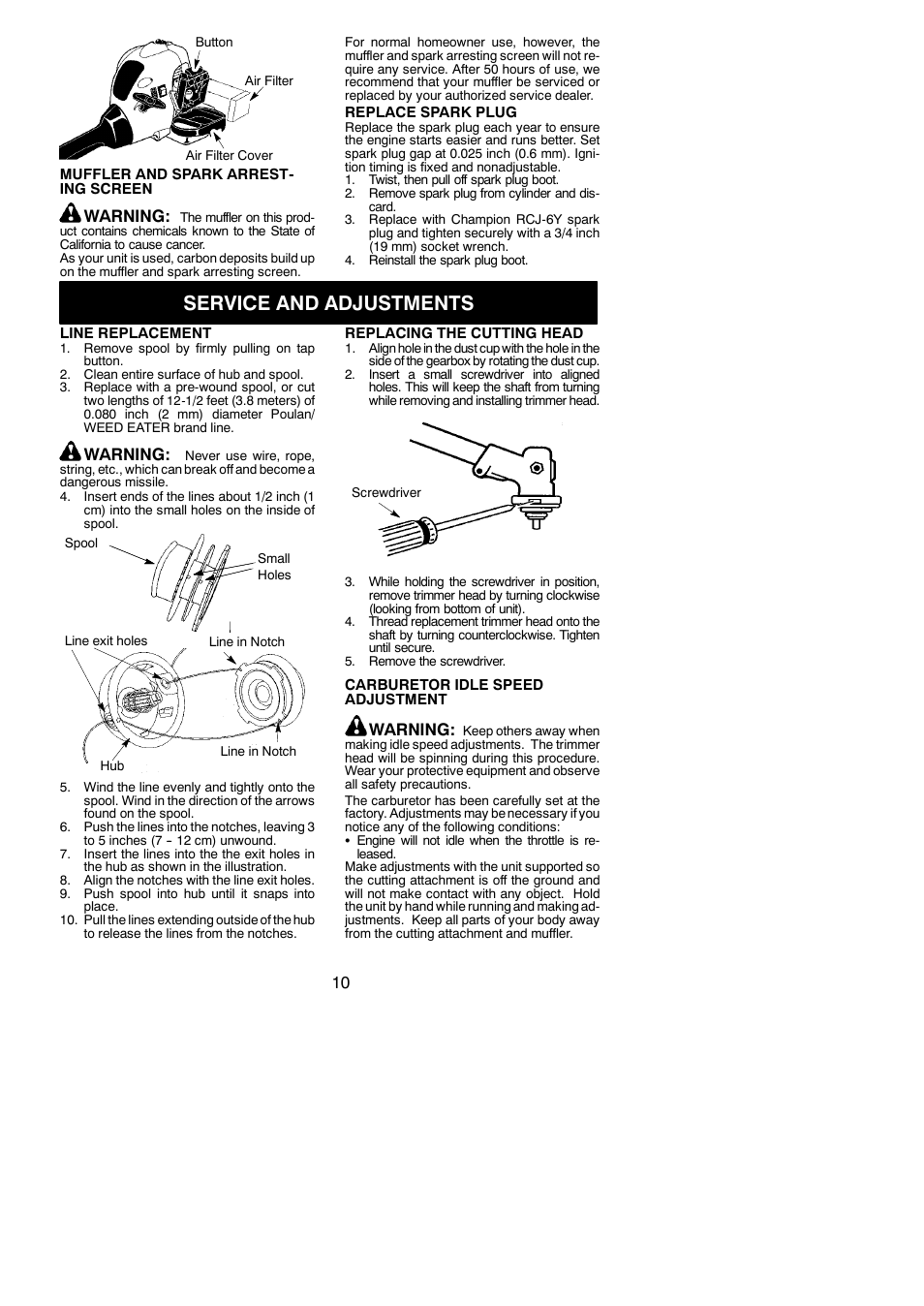 Service and adjustments, Warning | Poulan 545154717 User Manual | Page 10 / 14